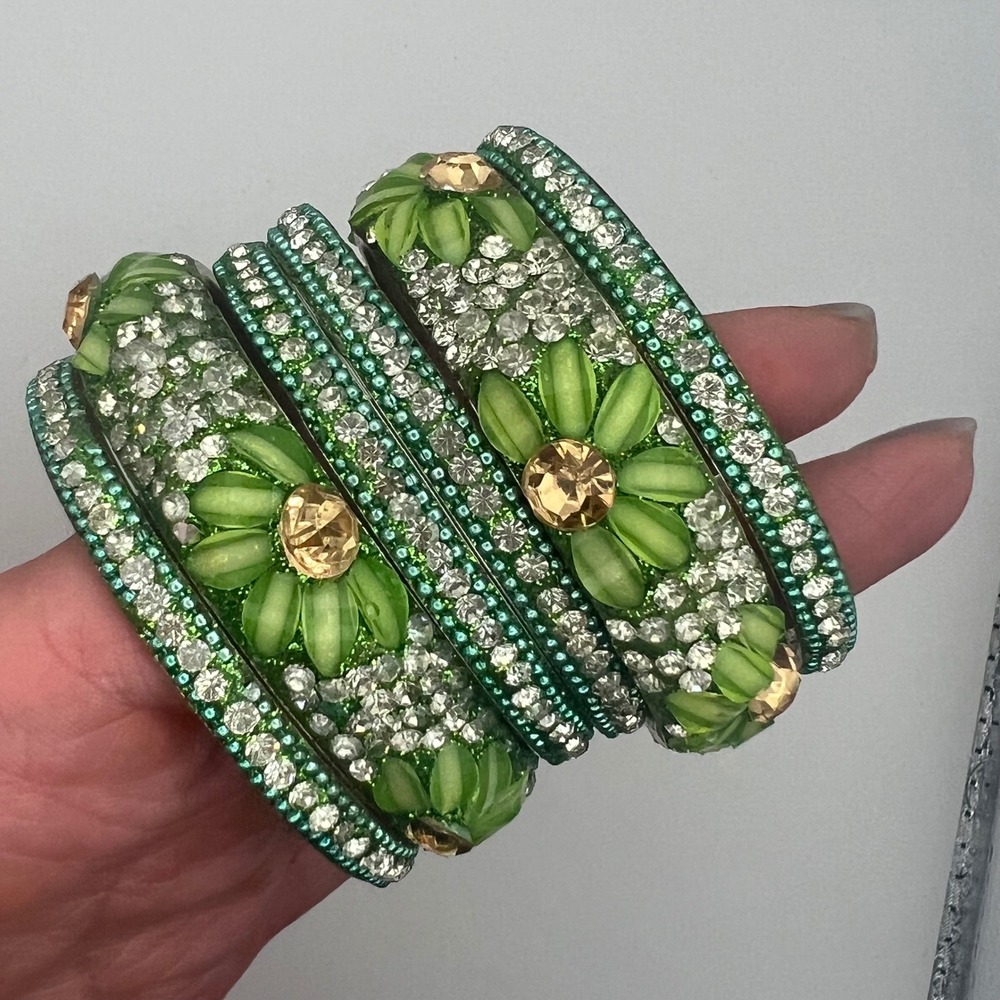Green Crystal Bangle Set Stackable Gemstone Beade… - image 1
